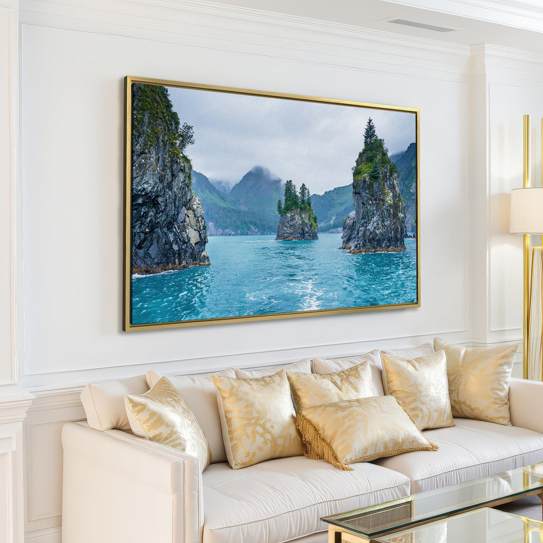 Canvas Print of a serene seascape with blue water and rocky islands. Coastal art in a neutral interior, featuring cool blues and greens.