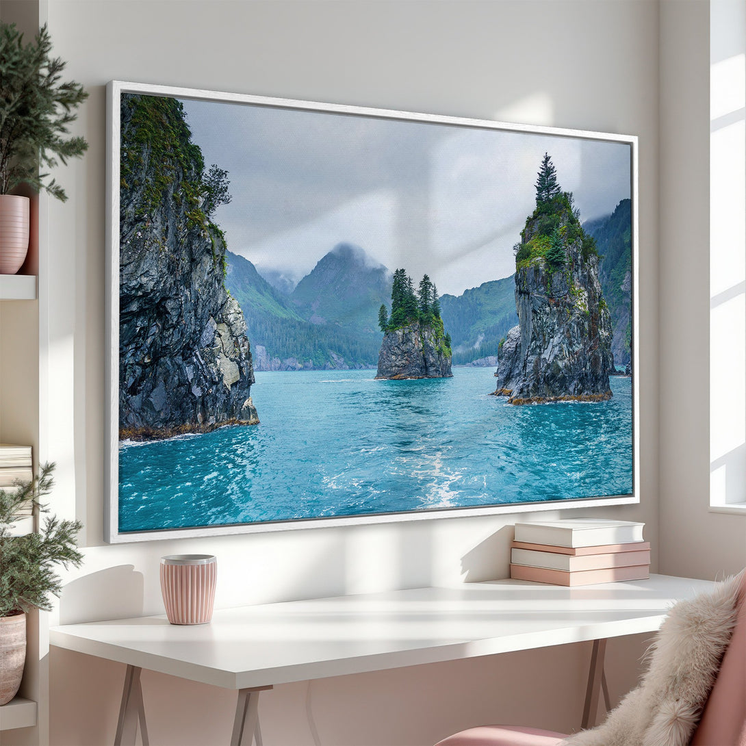Framed Wall Art: Stunning coastal landscape Canvas Print featuring turquoise waters & dramatic rock formations. Perfect for adding a touch of nature's beauty to your home!