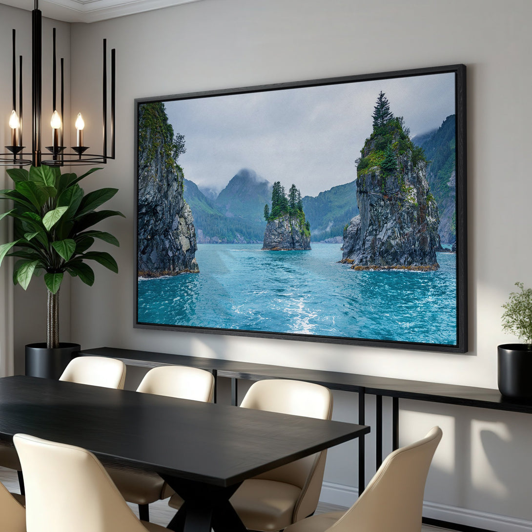 Framed Wall Art: Stunning landscape Canvas Print featuring turquoise water, rocky islands, and a moody, green and blue color palette. Perfect for home decor!