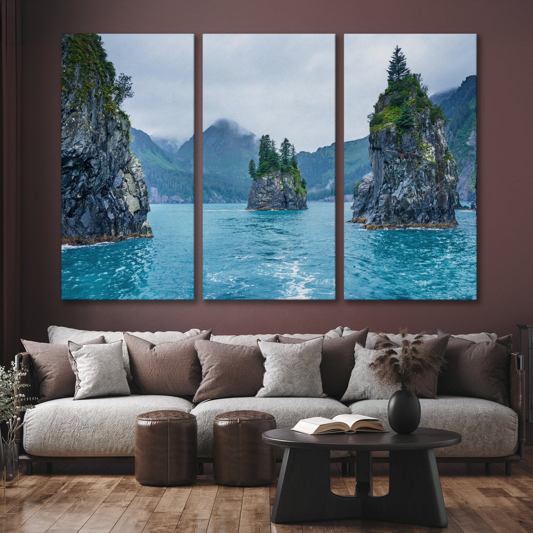 Canvas Print of a stunning seascape with turquoise water, rocky islands, and lush greenery. Modern wall art in cool, natural tones.