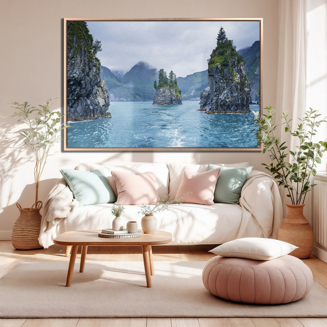 Framed Wall Art: Serene coastal landscape Canvas Print in cool blues and greens. Modern decor featuring a beautiful ocean scene, perfect for any living space.