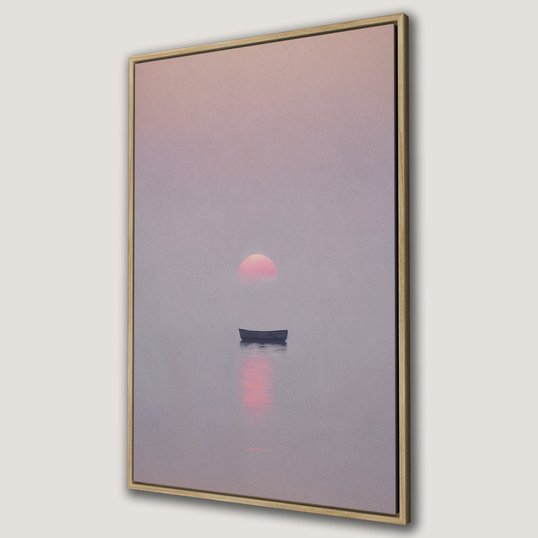Framed Wall Art: Serene sunset scene with a boat on water. Soft pink and gray color palette. Perfect for adding a calming touch to your space.