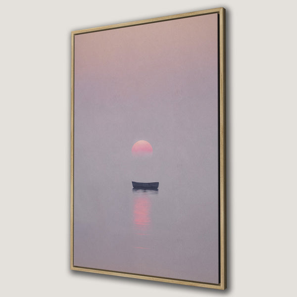 Framed Wall Art: Serene sunset scene with a boat on water. Soft pink and gray color palette. Perfect for adding a calming touch to your space.