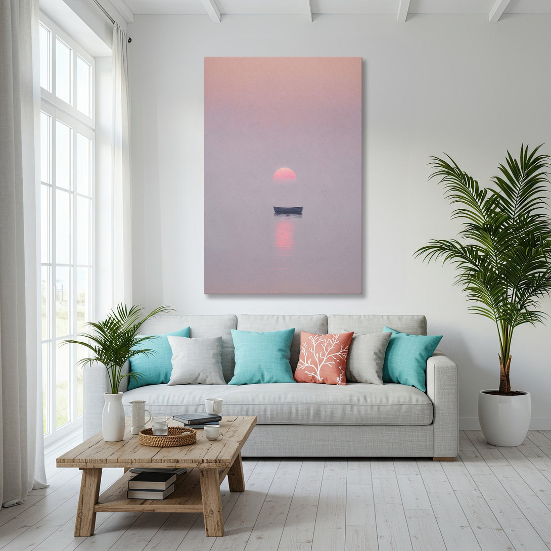 Framed Wall Art featuring a serene sunset over water. Coastal style canvas print in soft pinks, grays, and blues, perfect for a relaxing living room.