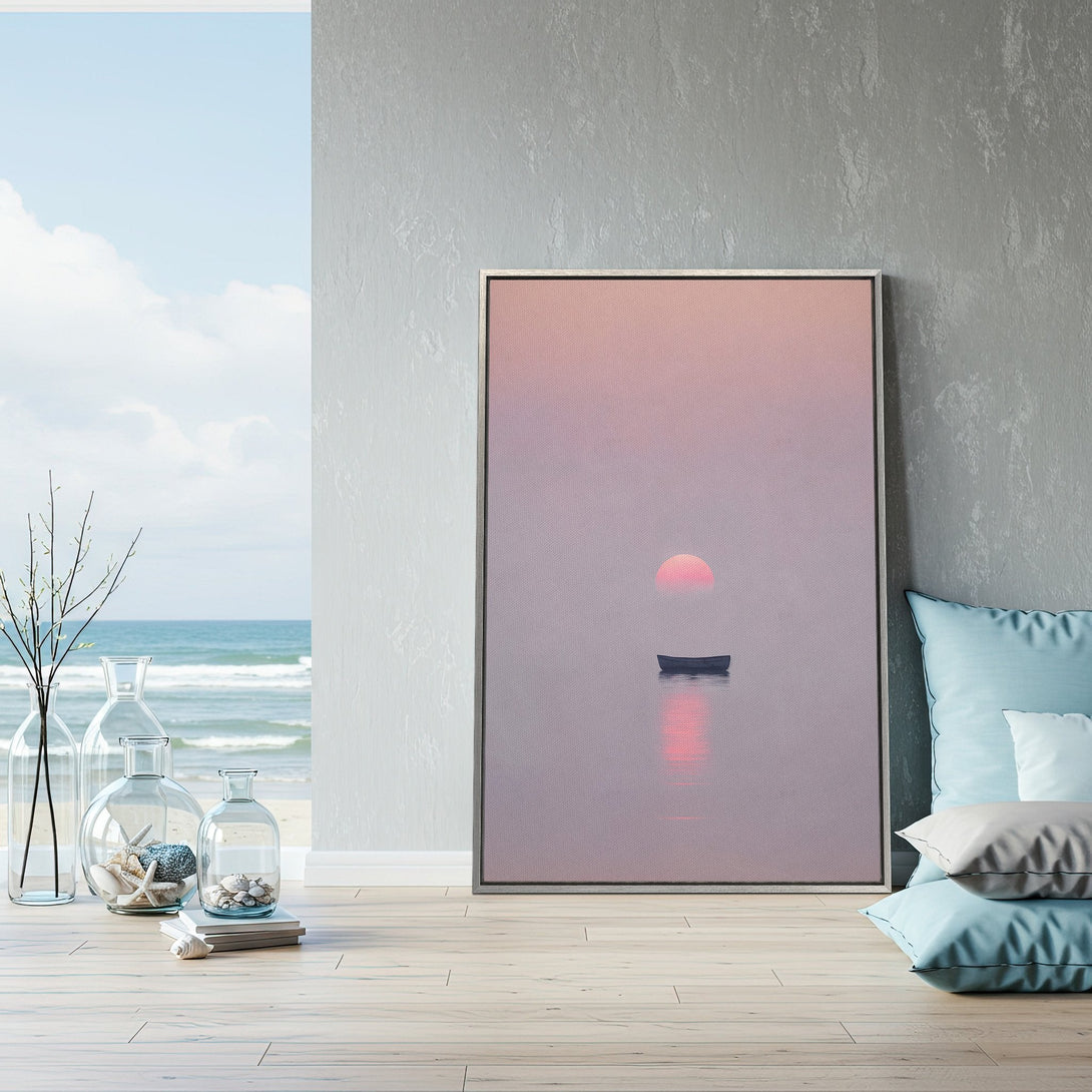 Framed Wall Art: Serene sunset boat scene in soft pink & gray tones. Coastal art print perfect for a calming living room or bedroom.
