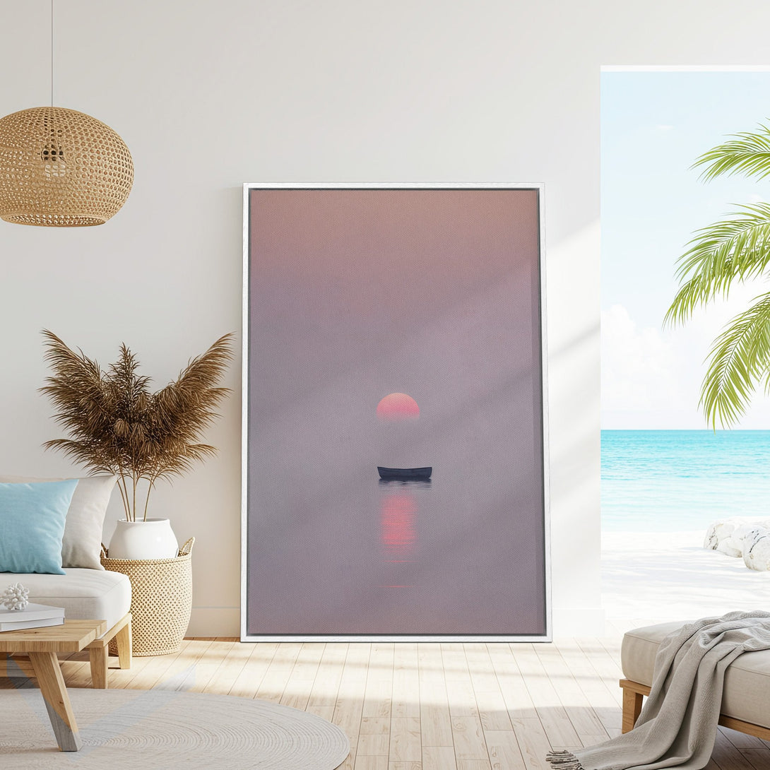 Framed Wall Art: Serene sunset over water. Coastal style Canvas Print in muted pinks and grays, perfect for adding tranquility to your space.