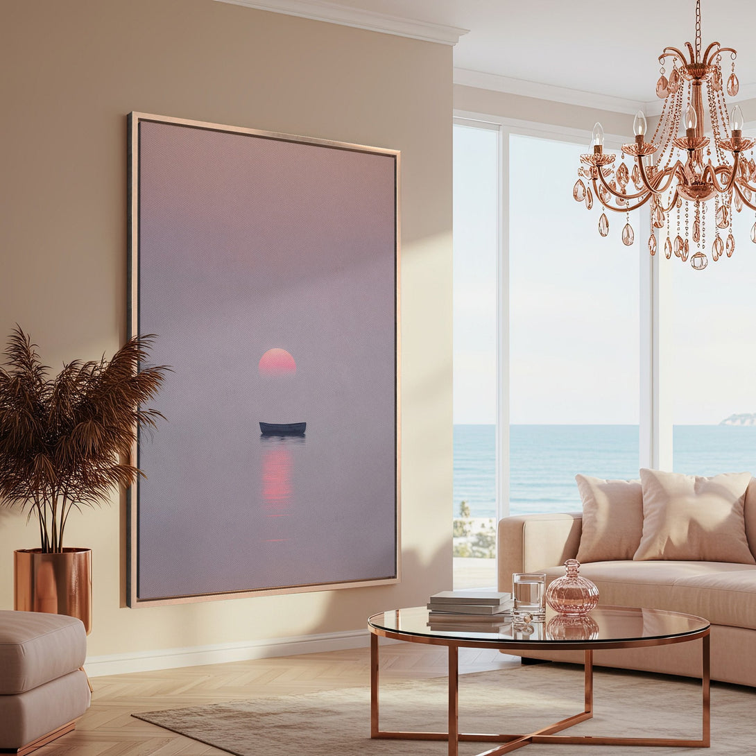 Framed Wall Art: Serene sunset over water. A minimalist canvas print in a neutral color palette, perfect for adding a touch of calm to any space.