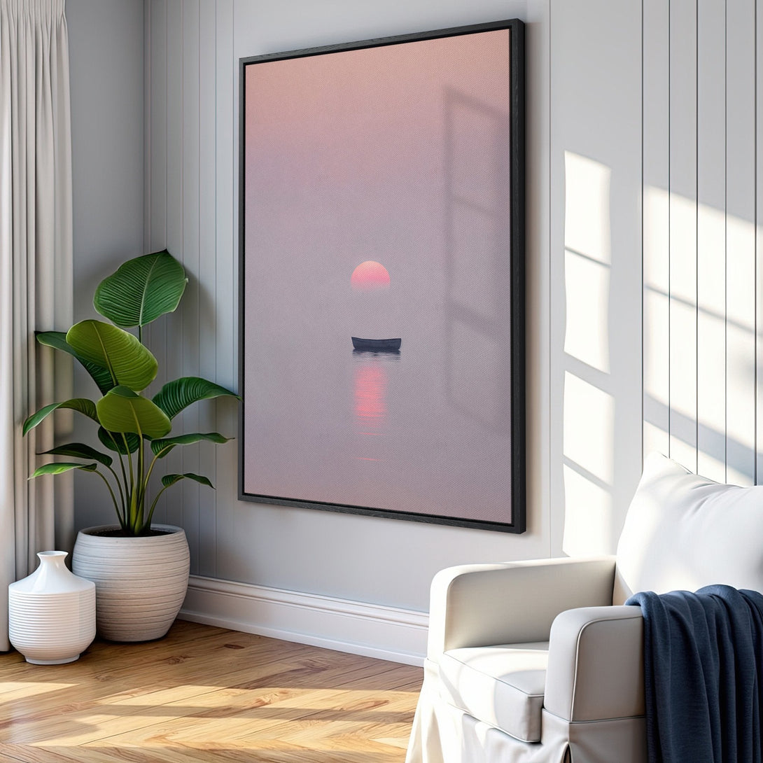 Framed Wall Art featuring a serene sunset over water. Soft pink and gray tones create a calming atmosphere. Perfect for adding tranquility to your space.