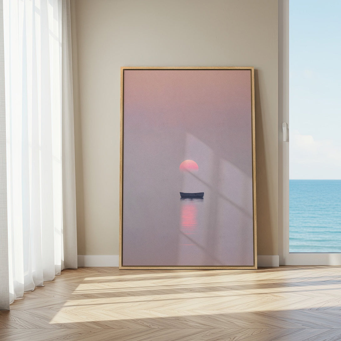 Framed Wall Art featuring a serene sunset over water. Minimalist style with a warm pink and purple color palette. Perfect for adding a calming touch to your space.