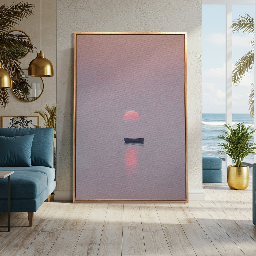 Framed Wall Art: Serene sunset over a calm sea, minimalist style. Soft pink and purple hues create a tranquil atmosphere. Perfect for coastal decor.