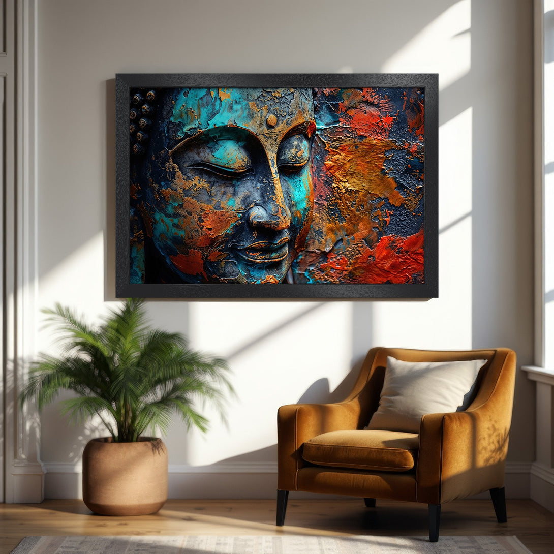 Framed Poster featuring a serene Buddha face in an abstract style. Earthy tones of blue, orange, and gold create a calming, artistic statement.