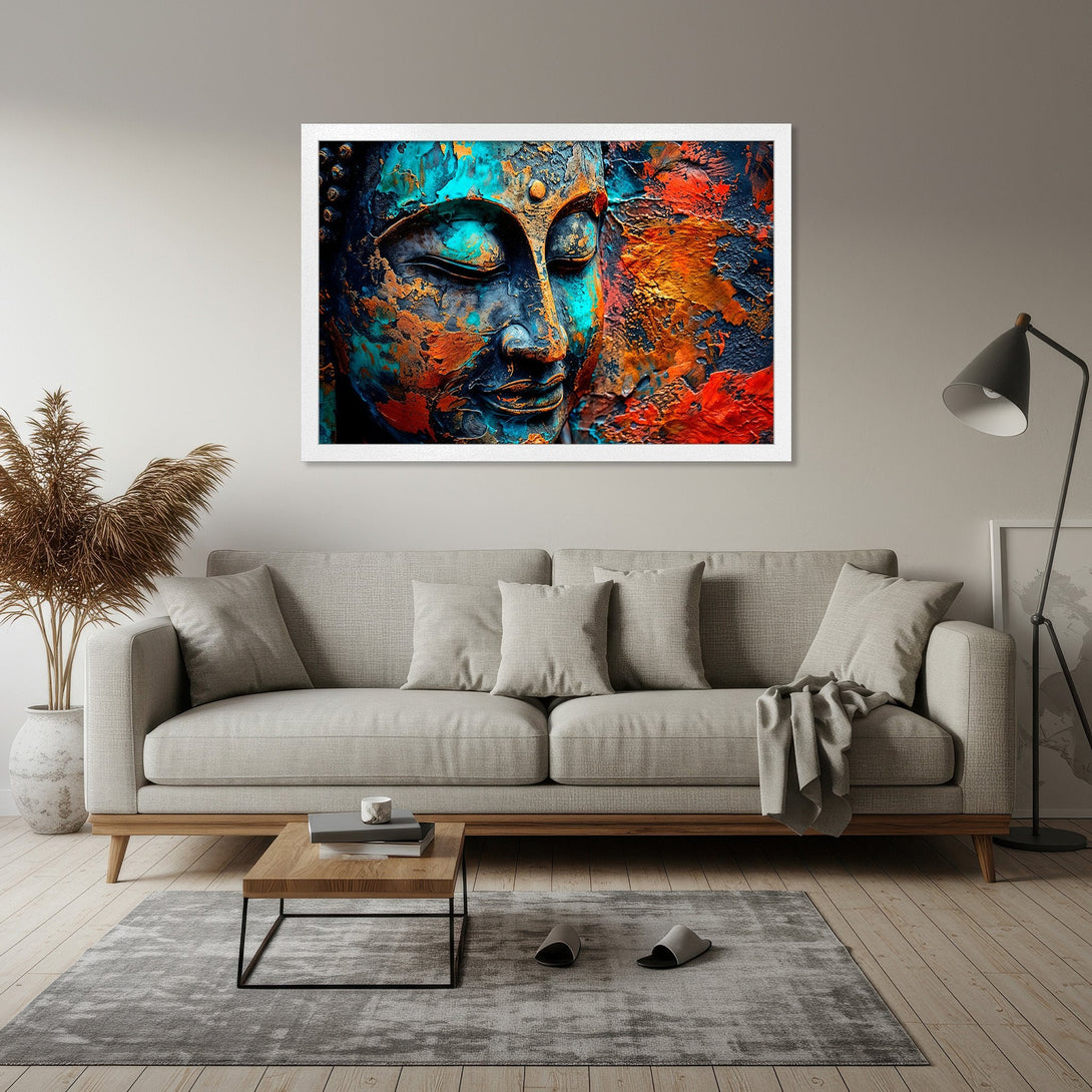 Framed Poster of a Buddha face in an abstract, textured style with vibrant teal, orange, and black colors. Perfect for modern home decor.