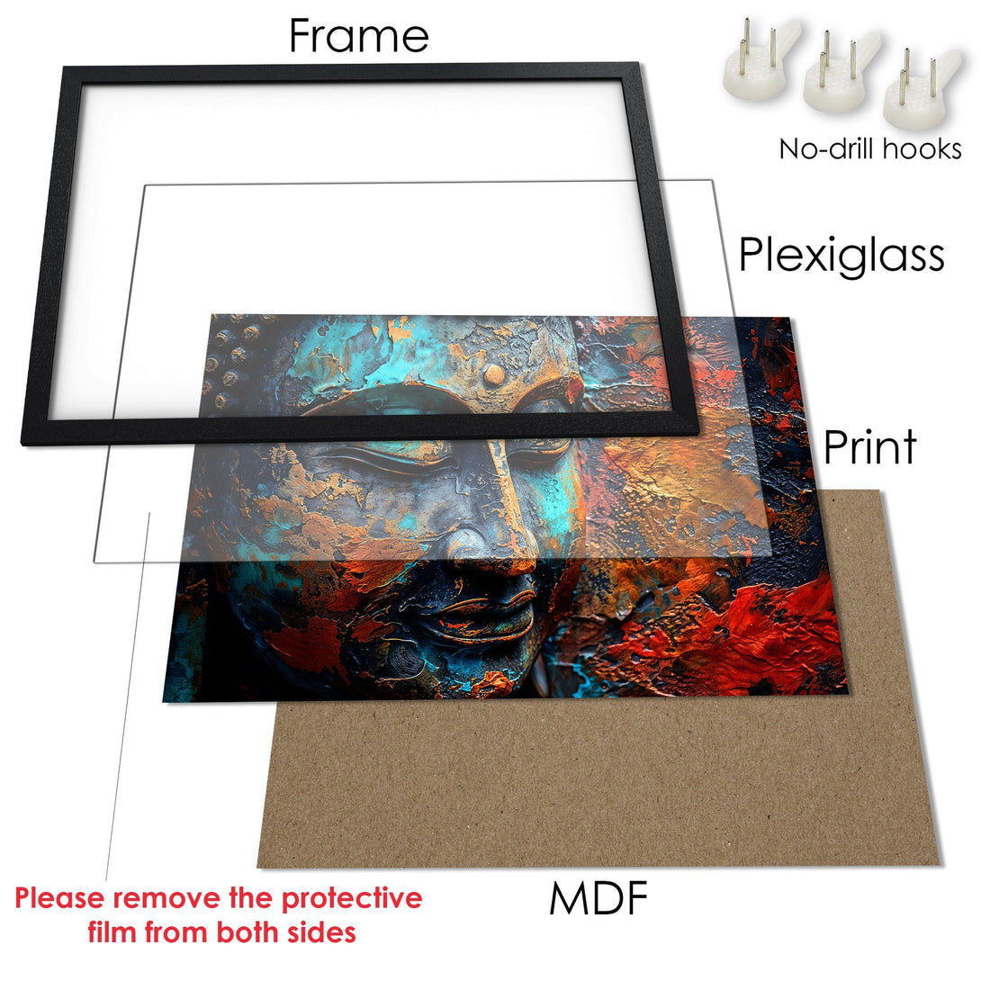 Framed Poster of a Buddha face, abstract style, with a teal, gold, and red color palette. Ready to hang art.