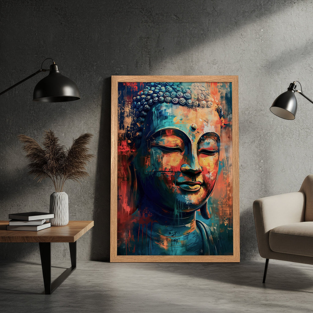 Framed Poster of Buddha in abstract style, featuring a blue, orange, and teal color palette. Perfect for home decor.