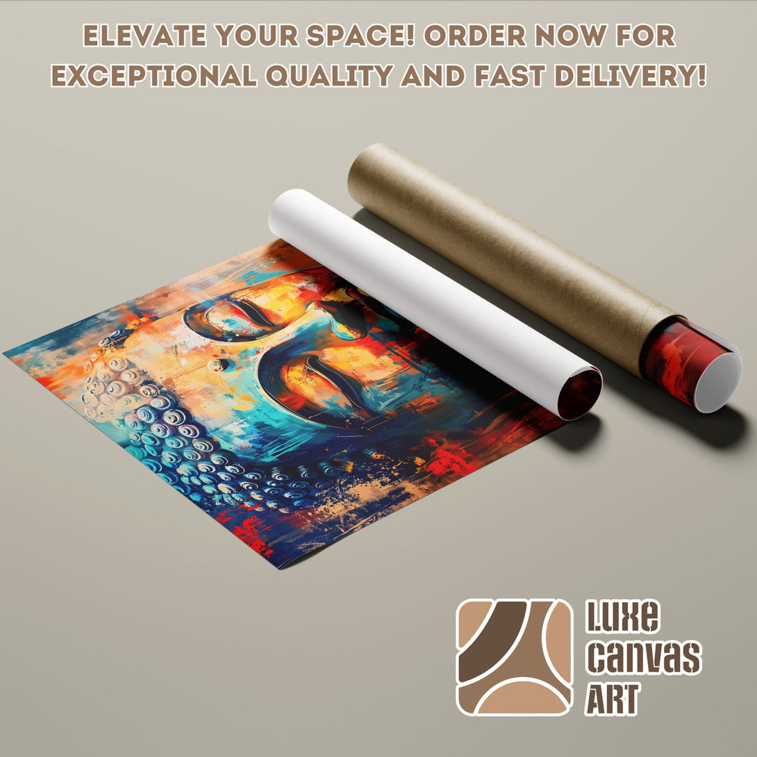 Abstract art Poster Roll featuring a Buddha, vibrant colors. Elevate your space with this stunning wall art!