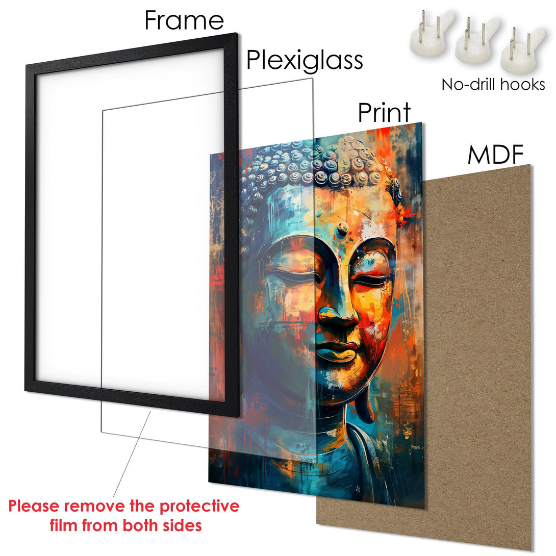 Framed Poster featuring a vibrant Buddha portrait in an abstract style with a blue, orange, and teal color palette. Perfect wall art!