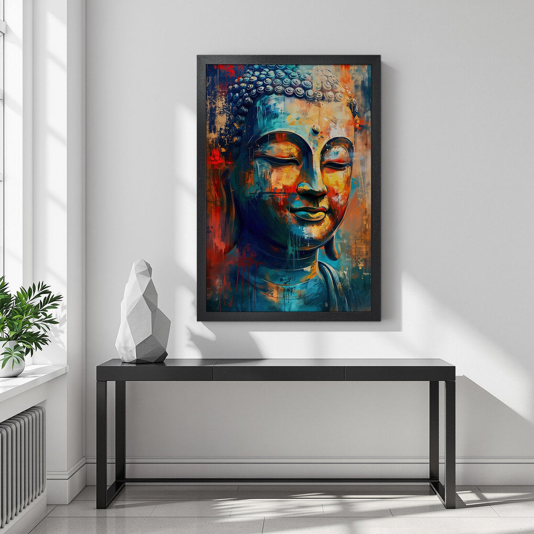 Framed Poster of Buddha face in vibrant blue, orange, and red abstract art style. Perfect wall decor for meditation & zen spaces.
