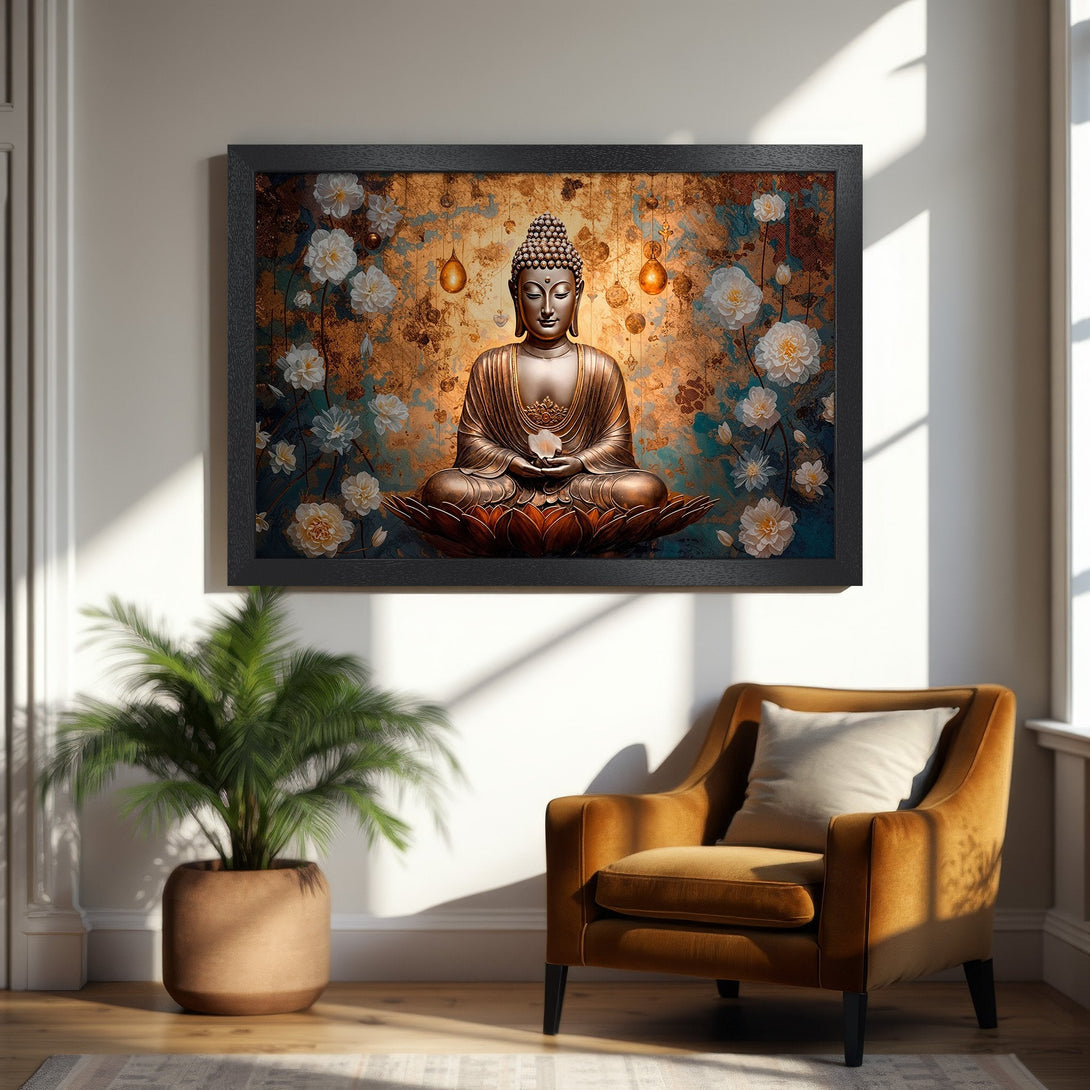 Framed Poster featuring a serene Buddha statue with floral accents, in a warm, earthy color palette. Perfect for home decor.