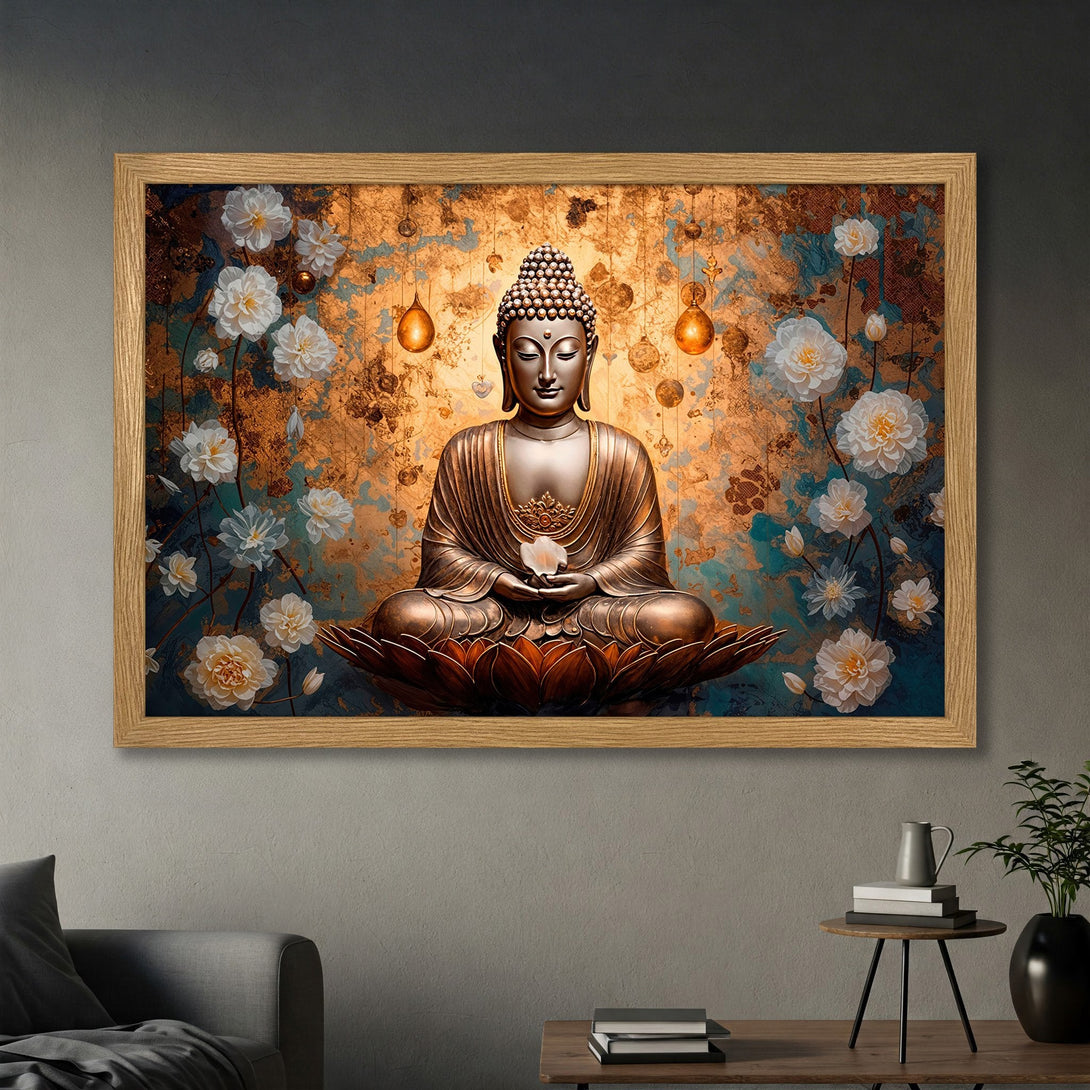 Framed Poster featuring a serene Buddha with floral accents. Elegant style, warm gold, teal, and white color palette. Perfect wall art!