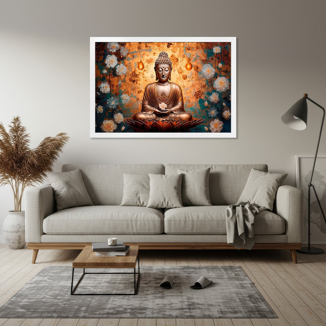 Framed Poster featuring a serene Buddha illustration with floral accents in a warm, earthy color palette. Perfect for home decor!