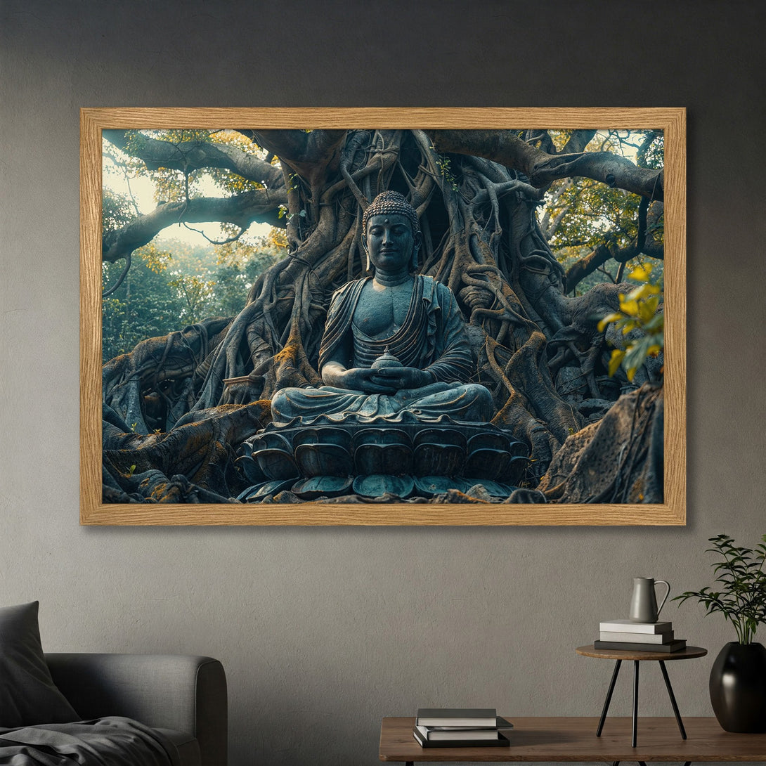 Framed Poster featuring a serene Buddha statue under a tree. Earthy tones and a calming aesthetic for your home decor.