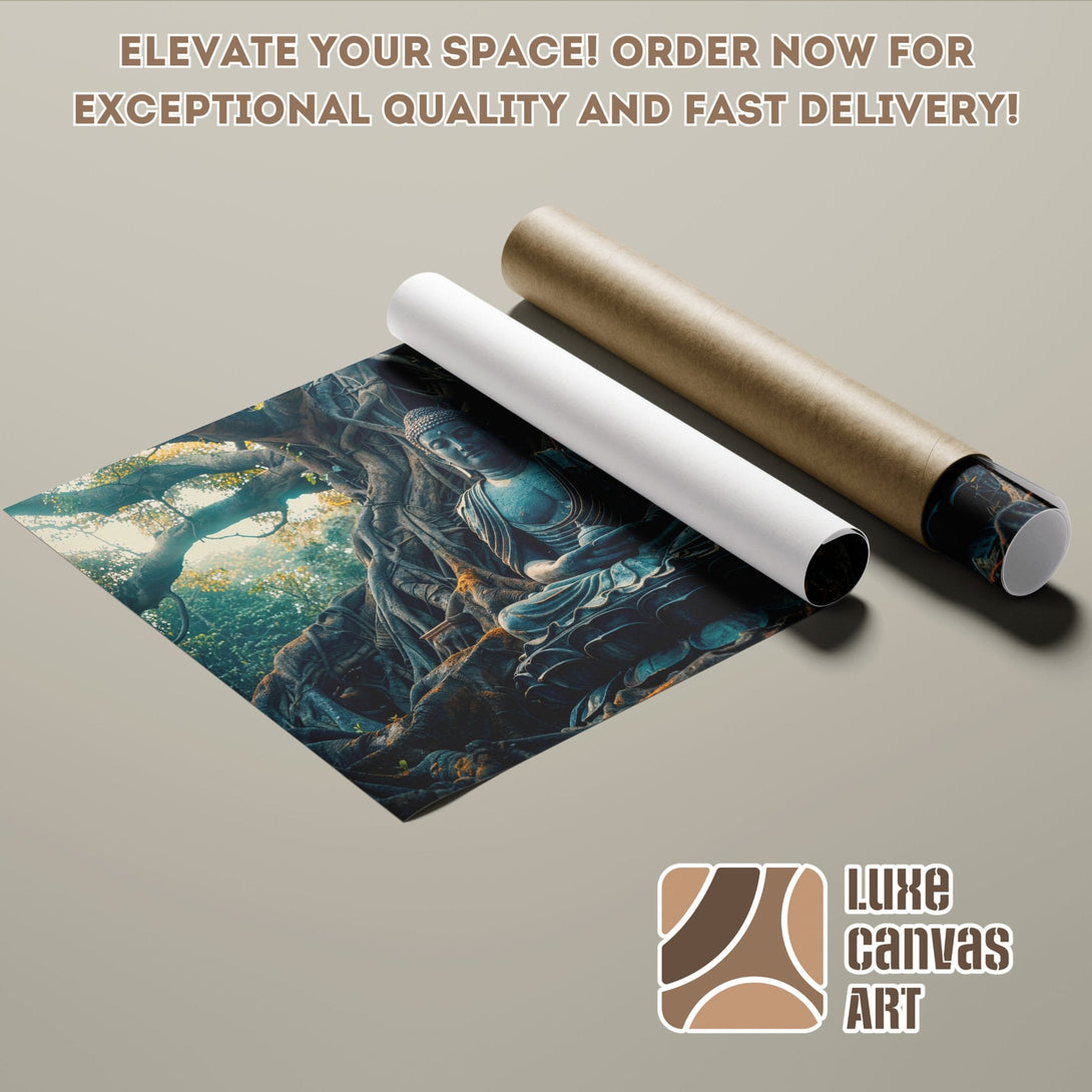 Poster Roll featuring a serene Buddha in nature, with a teal and brown color palette. Order today!