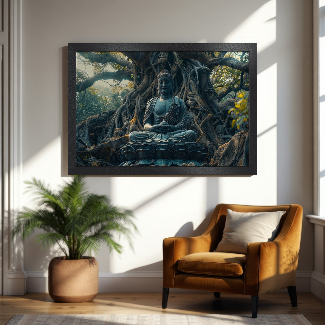 Framed Poster featuring a serene Buddha statue under a tree, in a calming earthy color palette. Perfect for meditation and home decor.