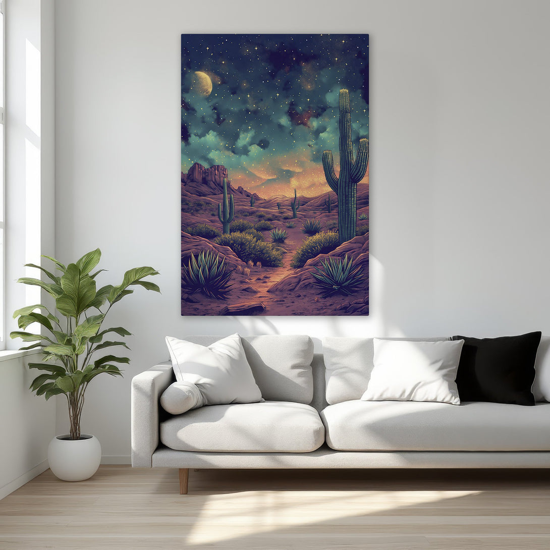 Framed Wall Art: Desert landscape Canvas Print featuring cacti under a starry night sky. Rich purple, teal, and gold color palette. Bring the desert home!