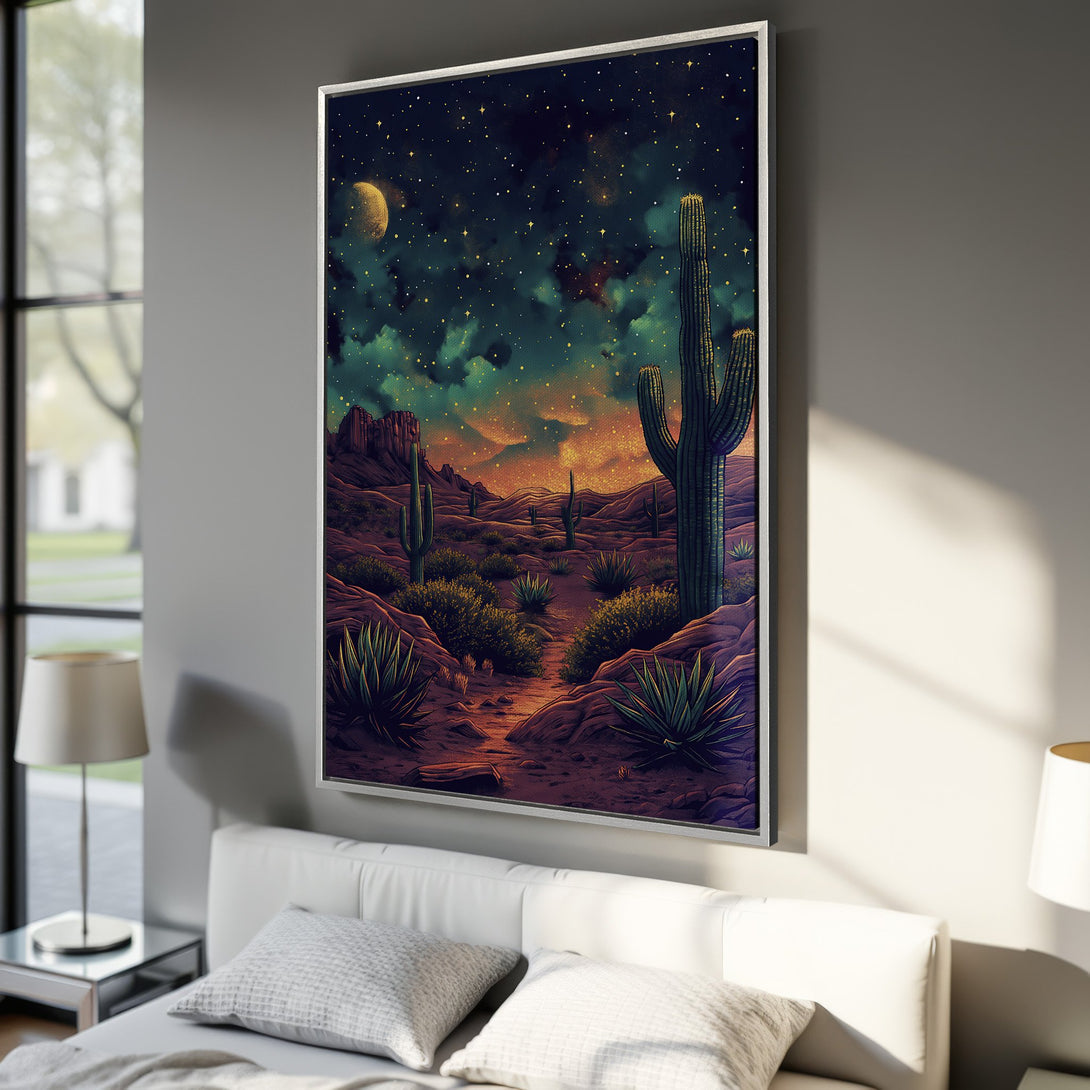 Framed Wall Art: Desert landscape Canvas Print with cacti under a starry night sky. Earthy tones with teal and gold accents. Perfect for home decor.