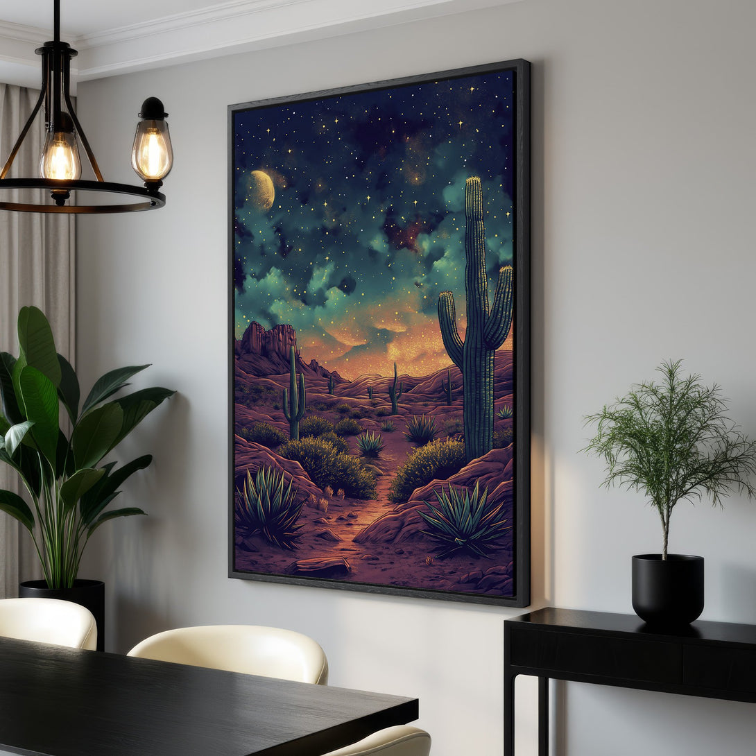 Framed Wall Art featuring a desert landscape at night. Stunning illustration with a celestial color palette of blues, purples, and oranges. Bring the beauty of the desert home!