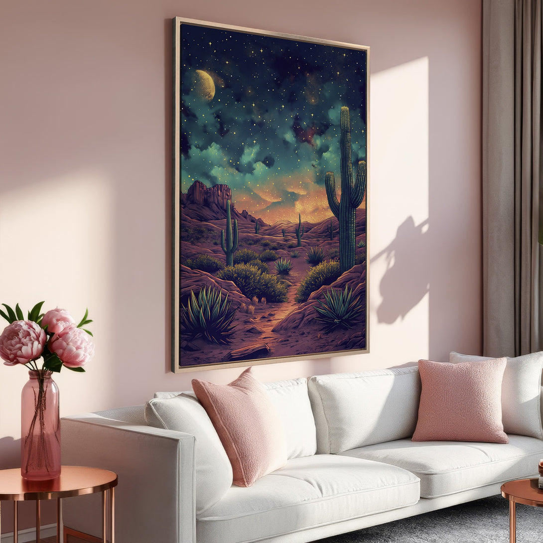 Framed Wall Art featuring a desert landscape under a starry night sky. Earthy tones and vibrant teal hues create a stunning piece for any home.