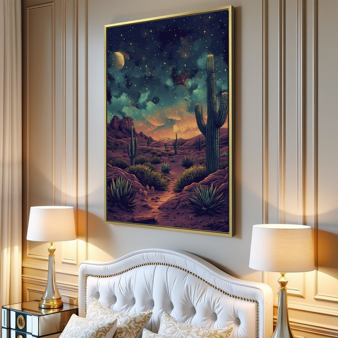 Canvas Print of a desert landscape with cacti under a starry night sky, in a warm, earthy color palette. Perfect wall art!