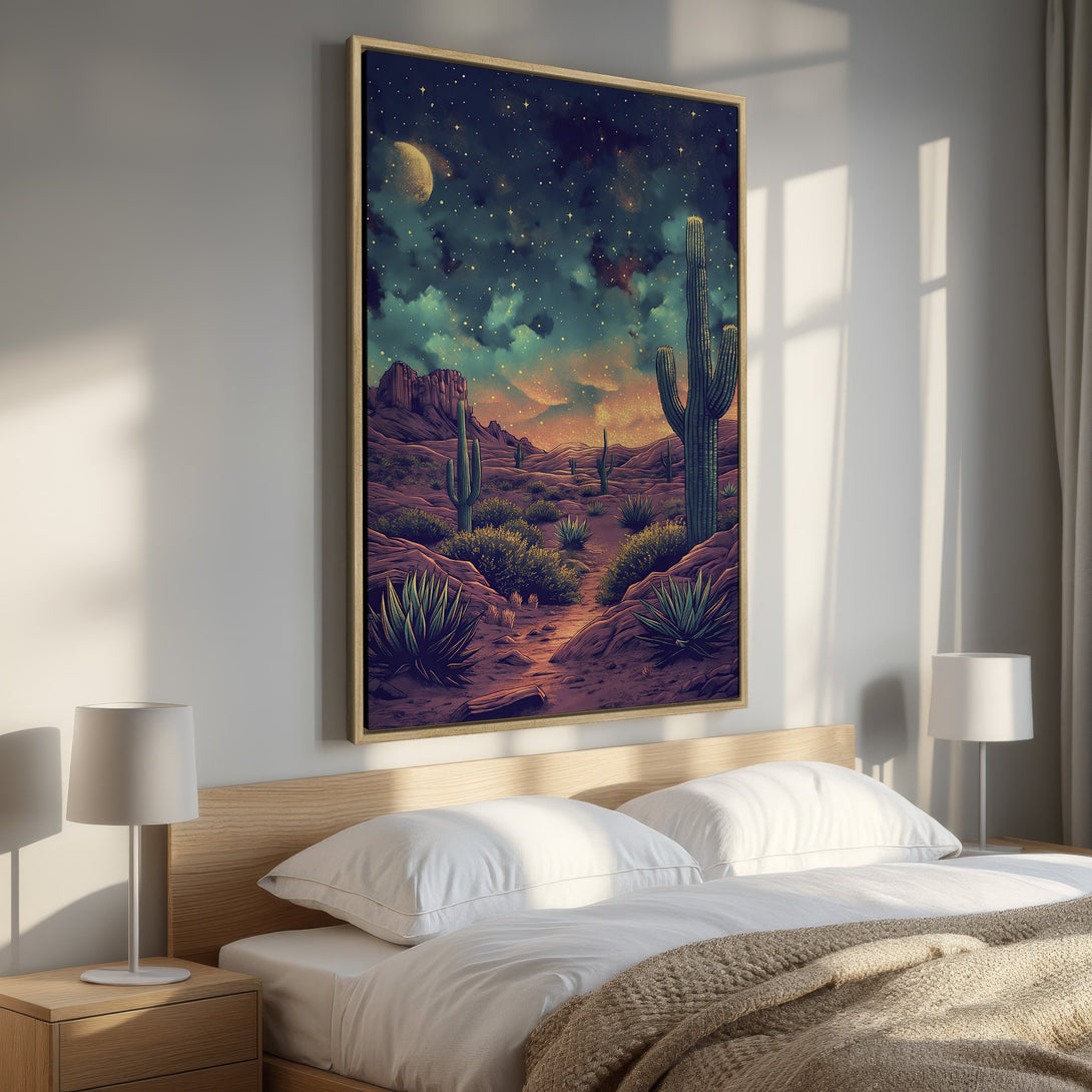 Framed Wall Art: Desert landscape Canvas Print with vibrant teal, purple, and orange hues. Perfect for adding a touch of nature-inspired art to your bedroom decor.