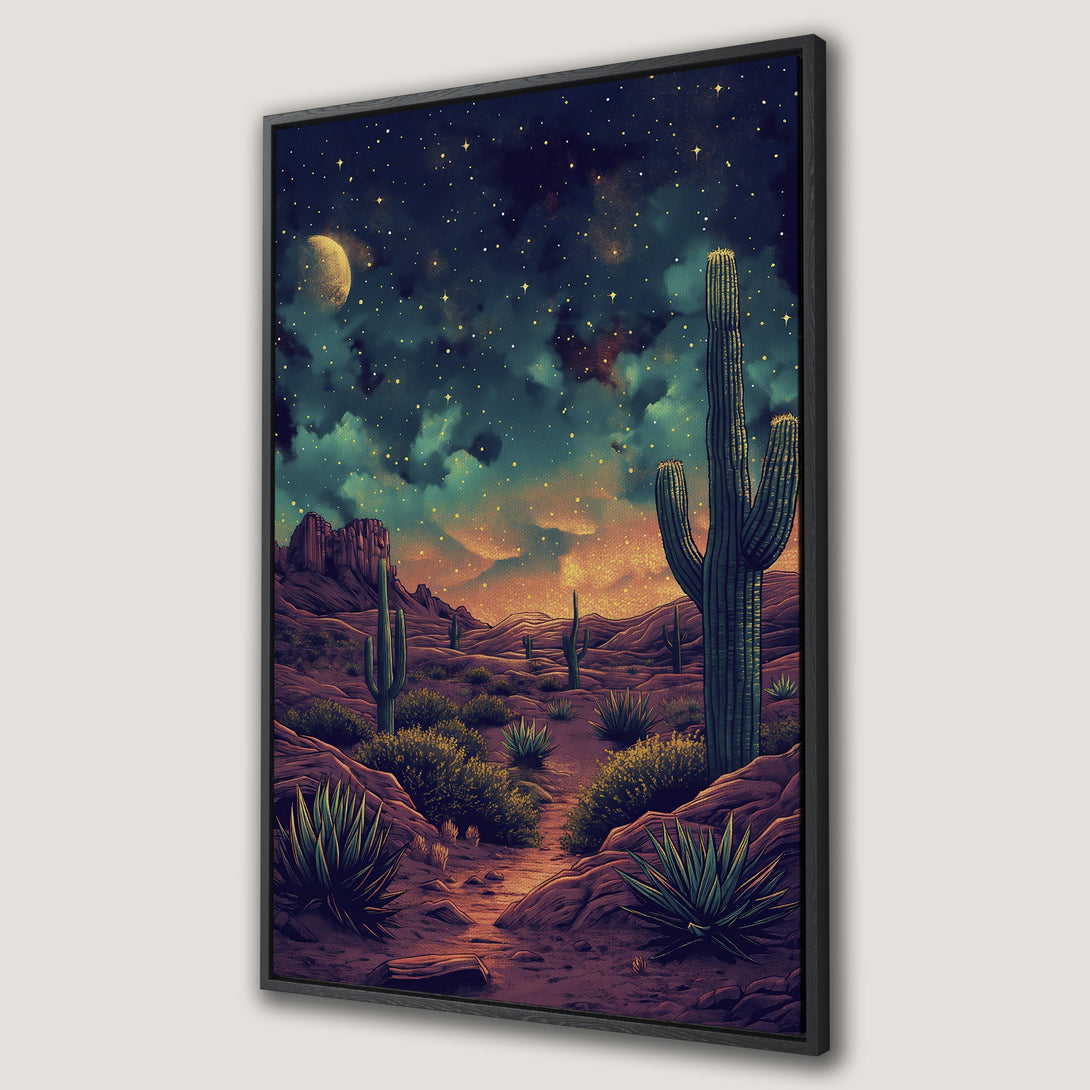Framed Wall Art: Desert landscape Canvas Print with cacti, starry night sky, and warm color palette. Add Southwestern charm to your home!
