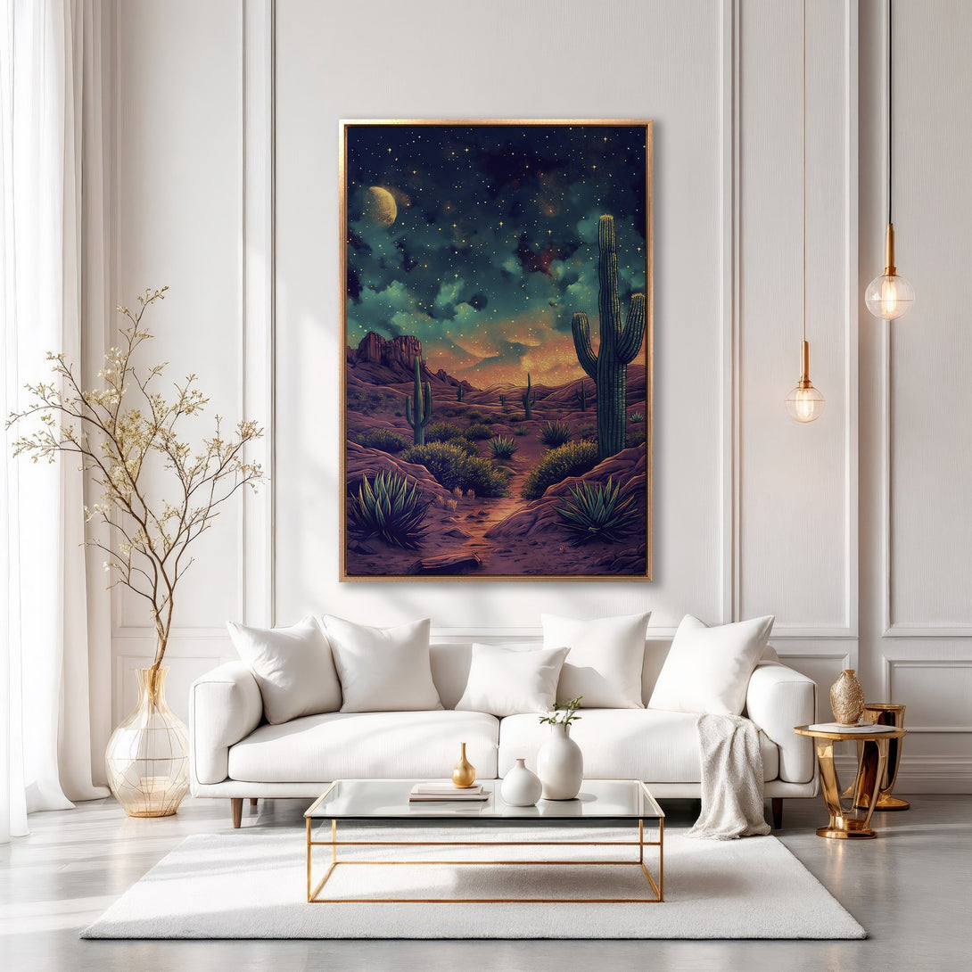 Framed Wall Art: Desert landscape Canvas Print with cactus under a starry night sky, warm color palette, perfect for home decor.
