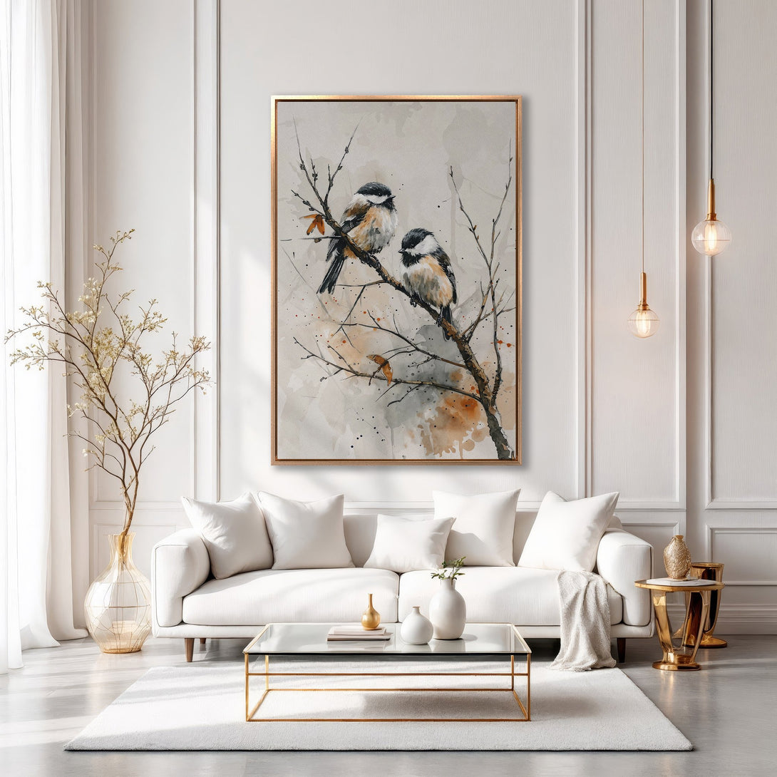 Framed Wall Art: Watercolor bird painting in neutral tones. Adds elegance to any living room. Shop our collection of stylish wall art today!