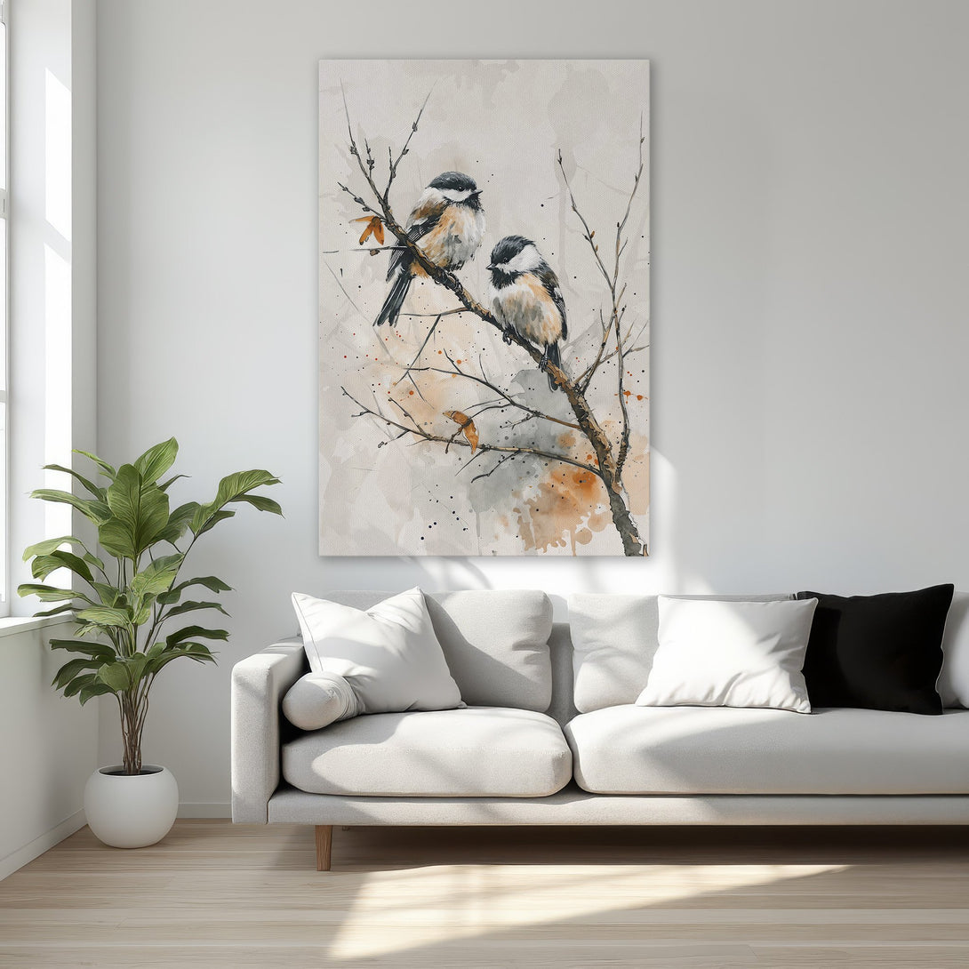 Framed Wall Art featuring watercolor birds on a branch. Neutral color palette with pops of orange. Perfect for adding a touch of nature to your space.