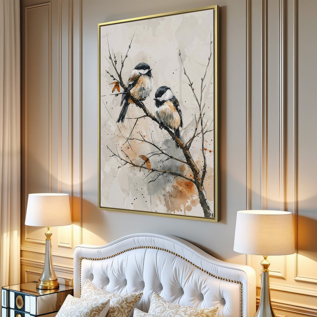 Watercolor Canvas Print featuring two birds on a branch. Neutral color palette with warm brown and gray tones. Perfect for modern home decor.