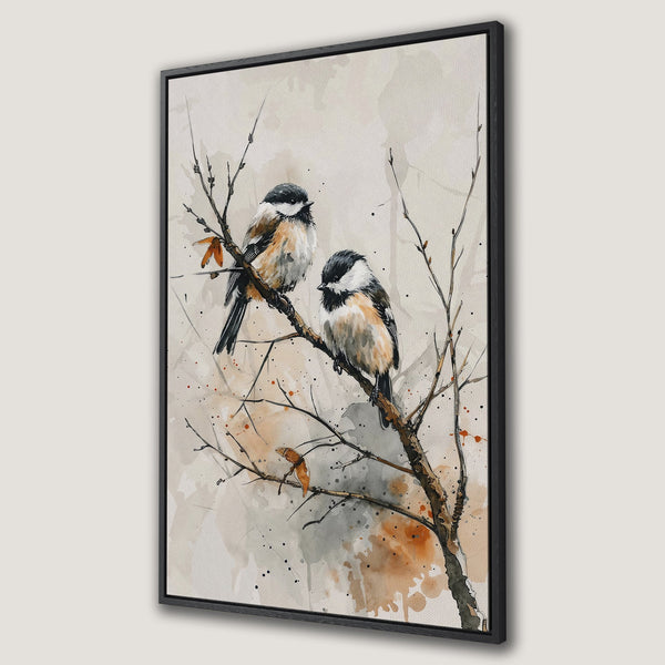 Framed Wall Art featuring watercolor birds on a branch. Neutral color palette with black frame, perfect for adding a touch of nature to your decor.