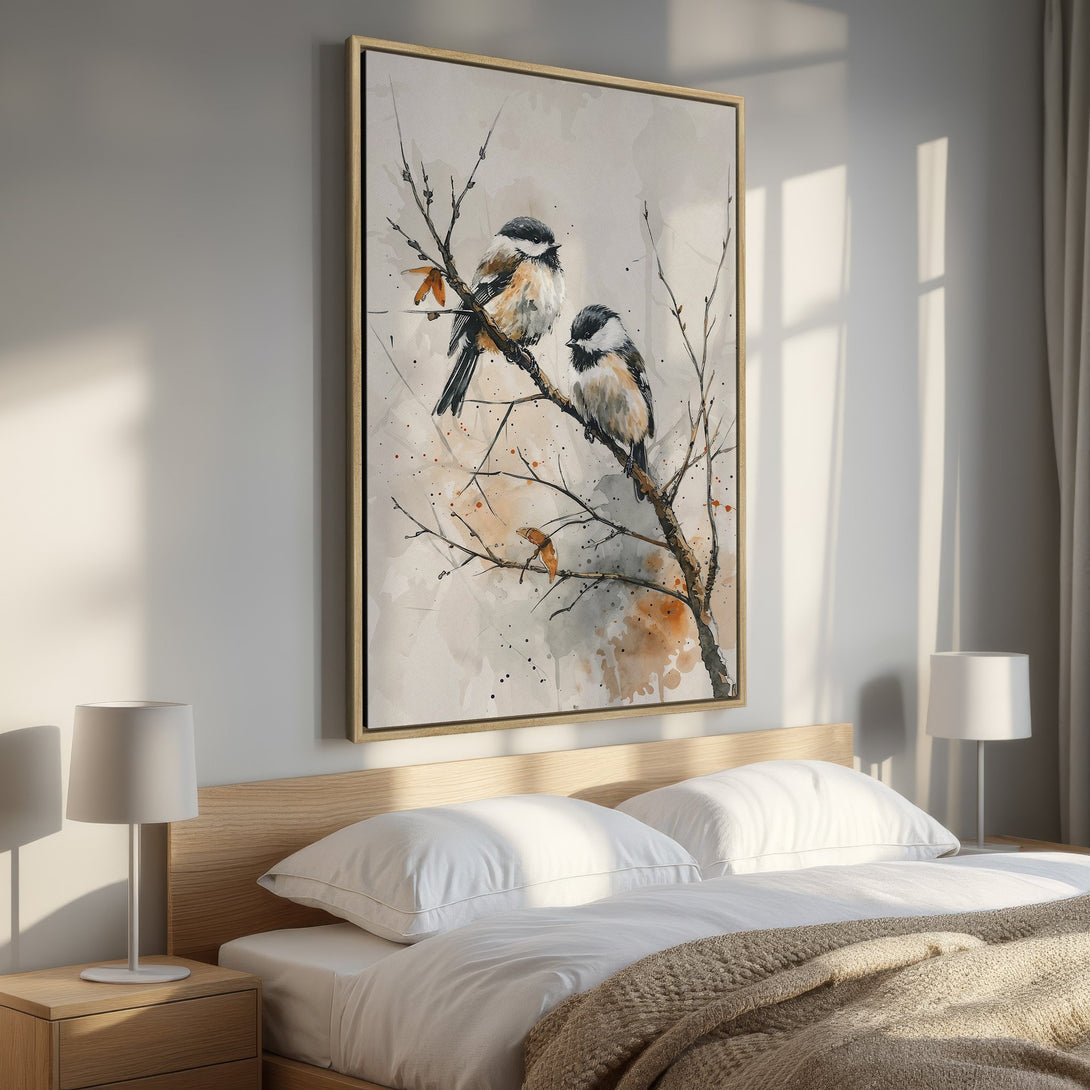 Framed Wall Art featuring watercolor birds on a branch. Neutral color palette with warm accents. Perfect for bedroom decor.