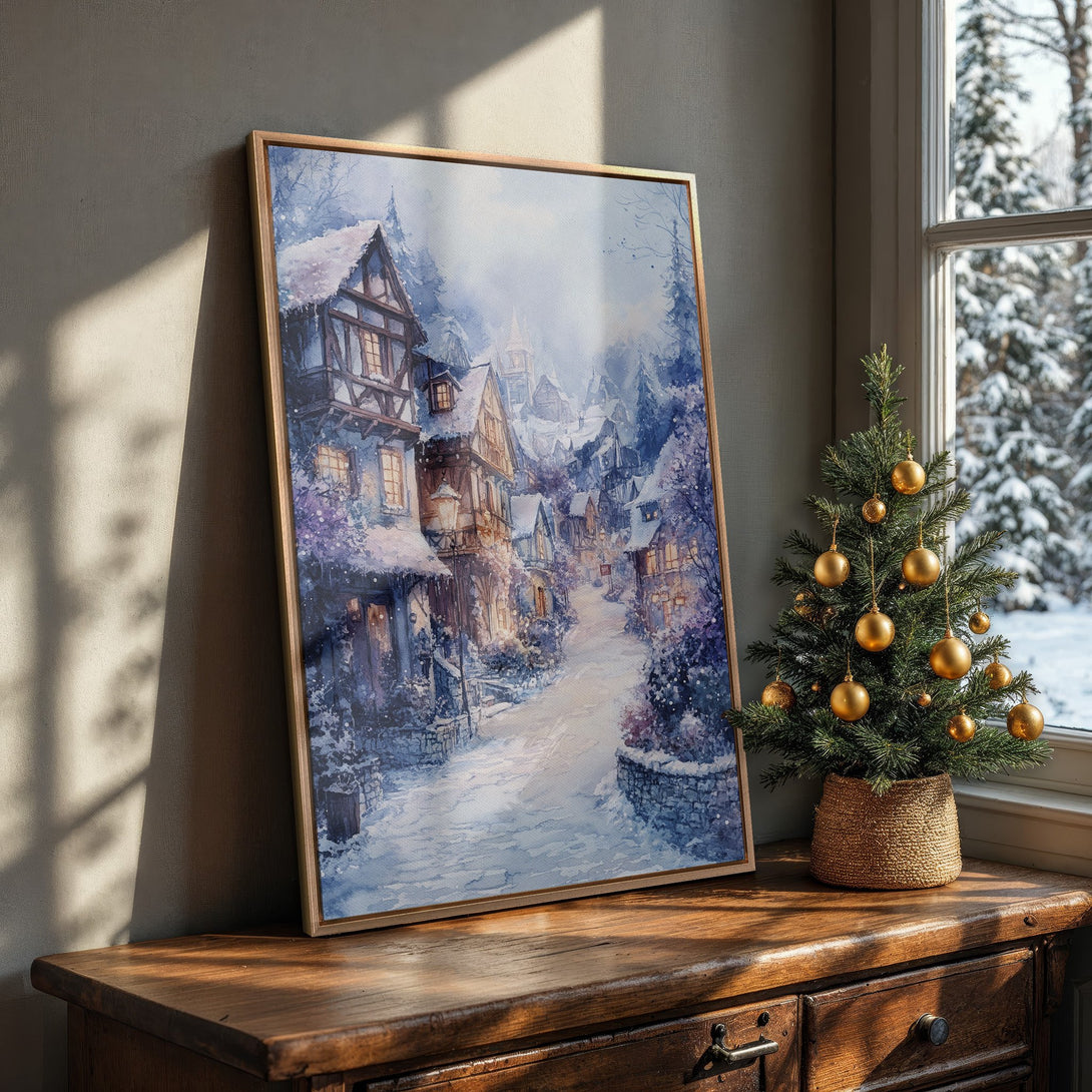 Framed Wall Art: Watercolor winter village scene in blue and gold tones. Perfect for cozy holiday decor. Add a touch of winter charm to your home!