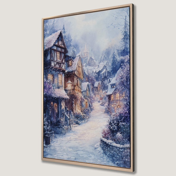 Framed Wall Art of a snowy village scene. Watercolor style with a cool blue and purple color palette, perfect for winter decor.