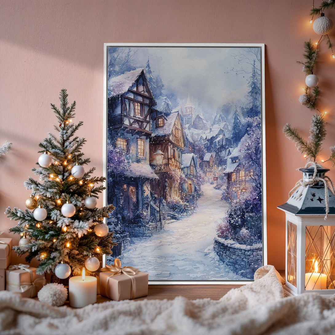 Framed Wall Art: Watercolor winter village scene in blue & purple tones. Perfect holiday decor for a cozy home.