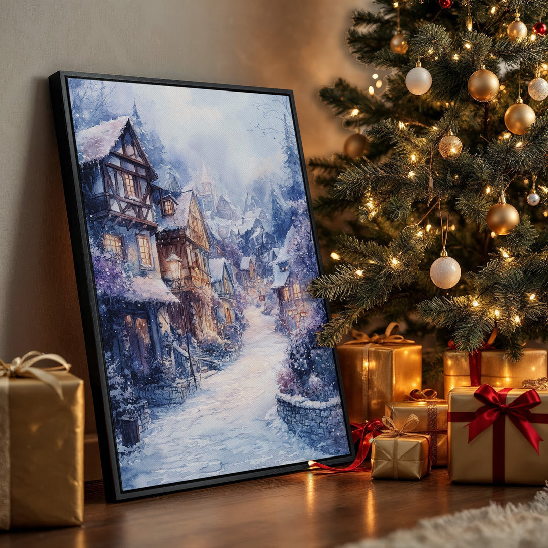 Framed Wall Art: Watercolor winter village scene in blue and purple hues. Perfect holiday decor! Adds a cozy, artistic touch to any space.