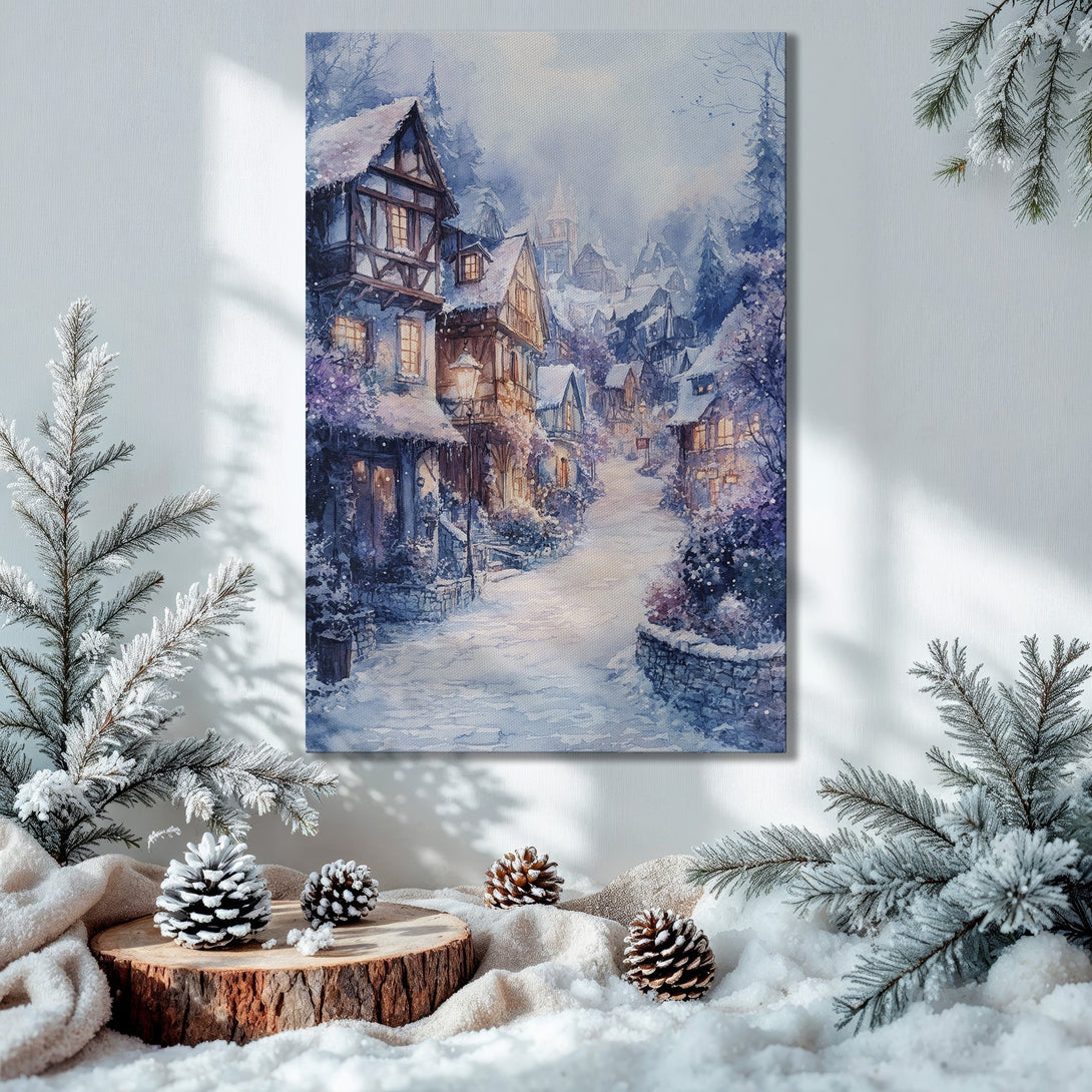 Framed Wall Art: Winter village watercolor painting in blue & purple tones. Perfect holiday decor for a cozy, festive atmosphere.