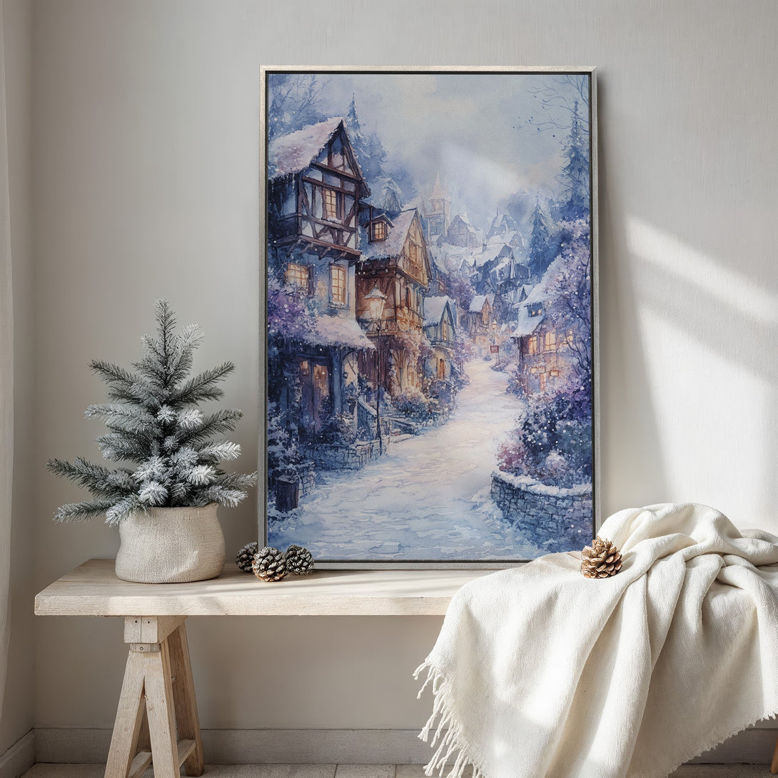 Framed Wall Art: Watercolor winter village scene in a cool blue and purple palette. Perfect for cozy home decor. Add a touch of winter magic!