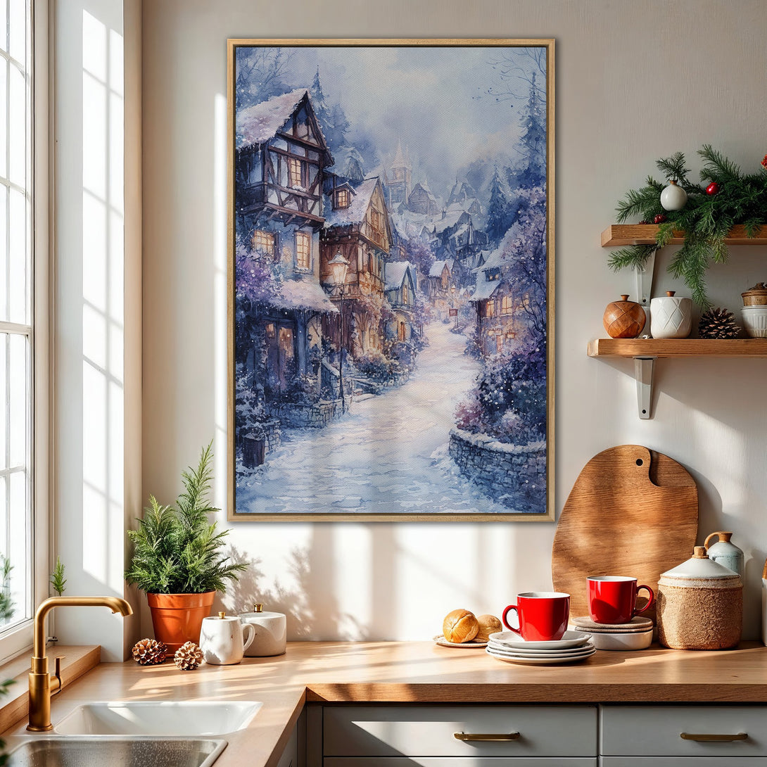 Framed Wall Art: Winter village scene in watercolor style. Blue and purple hues create a cozy, snow-covered landscape. Perfect for adding warmth to your home.