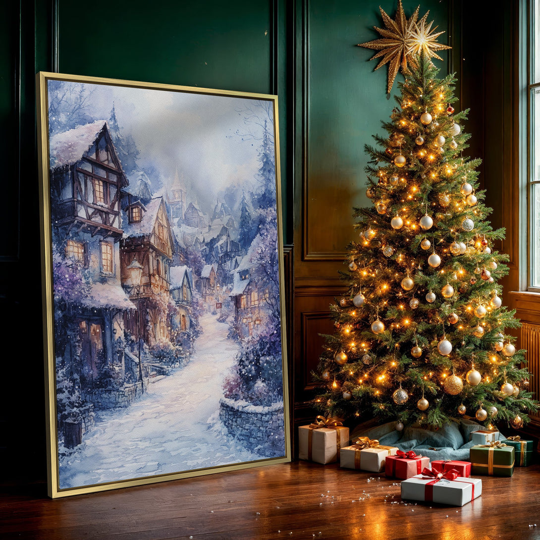 Canvas Print of a winter village scene in watercolor style, featuring a snowy street and buildings in a blue and purple palette.