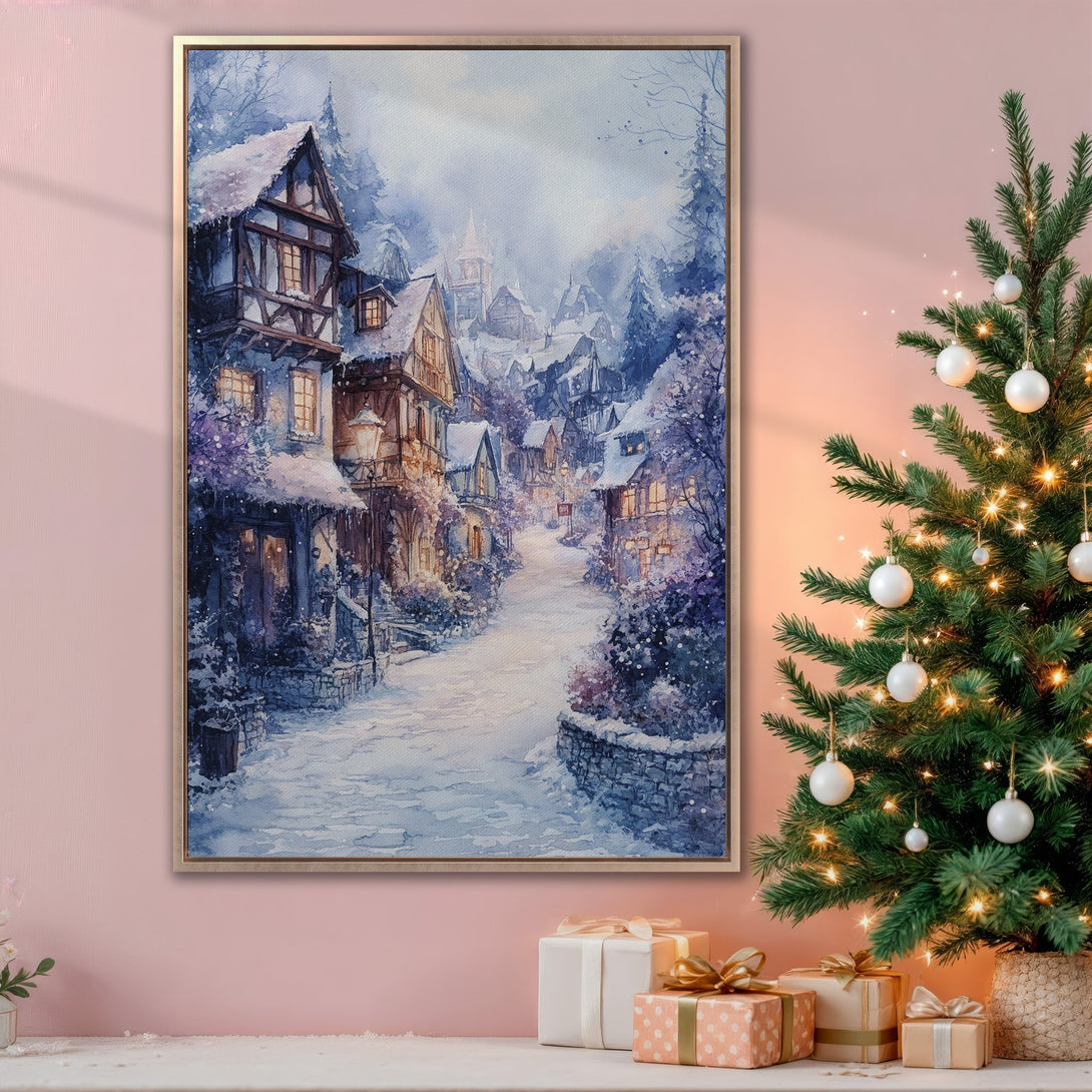 Framed Wall Art: Watercolor winter village scene in blue and purple hues. Perfect Christmas decor, adding a cozy, artistic touch to your home.