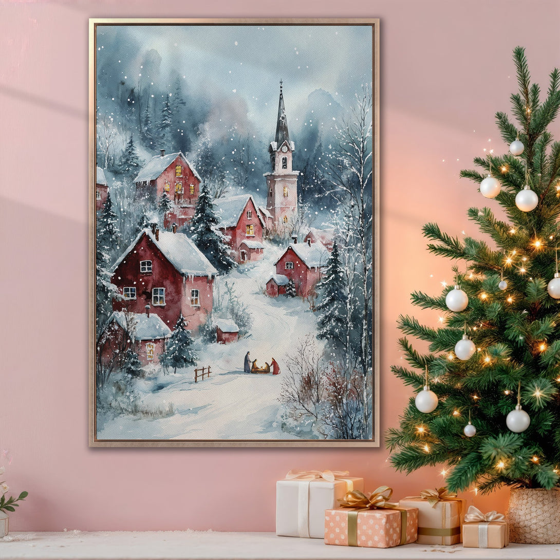 Framed Wall Art: Watercolor winter village scene in red, white, and blue. Perfect Christmas decor. Add cozy charm to your home with this beautiful canvas print.
